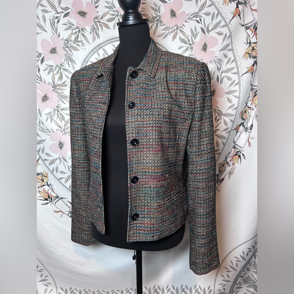 Vintage 90s Soirée Silk Multicolor Tweed Cropped Jacket Size M